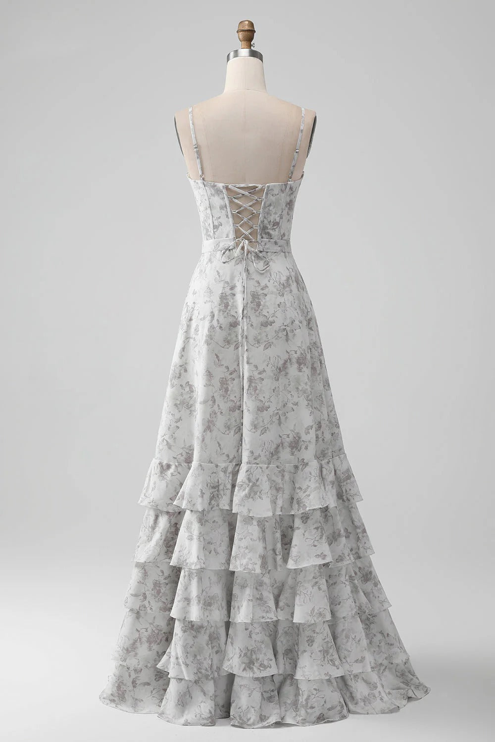 Light Gray Floral Tiered Ruffle Maxi Dress with Lace-Up Back