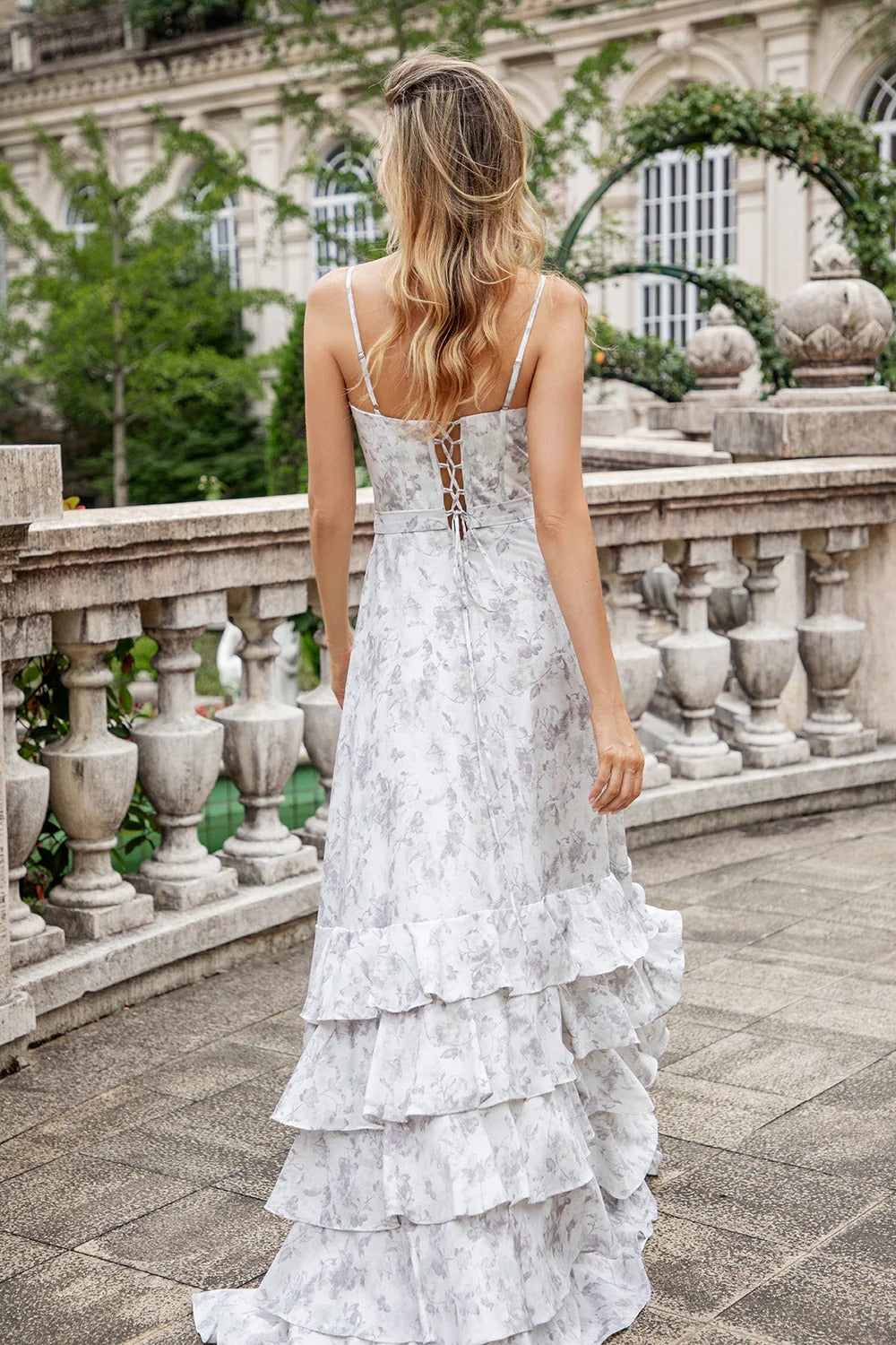 Light Gray Floral Tiered Ruffle Maxi Dress with Lace-Up Back