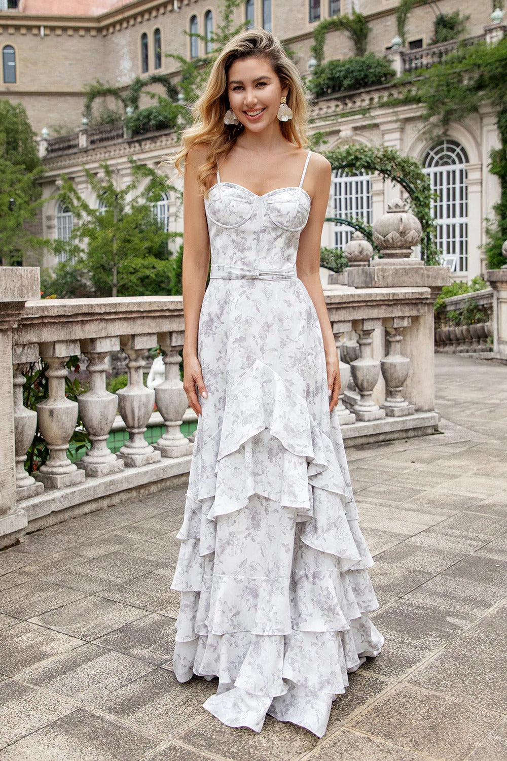Light Gray Floral Tiered Ruffle Maxi Dress with Lace-Up Back