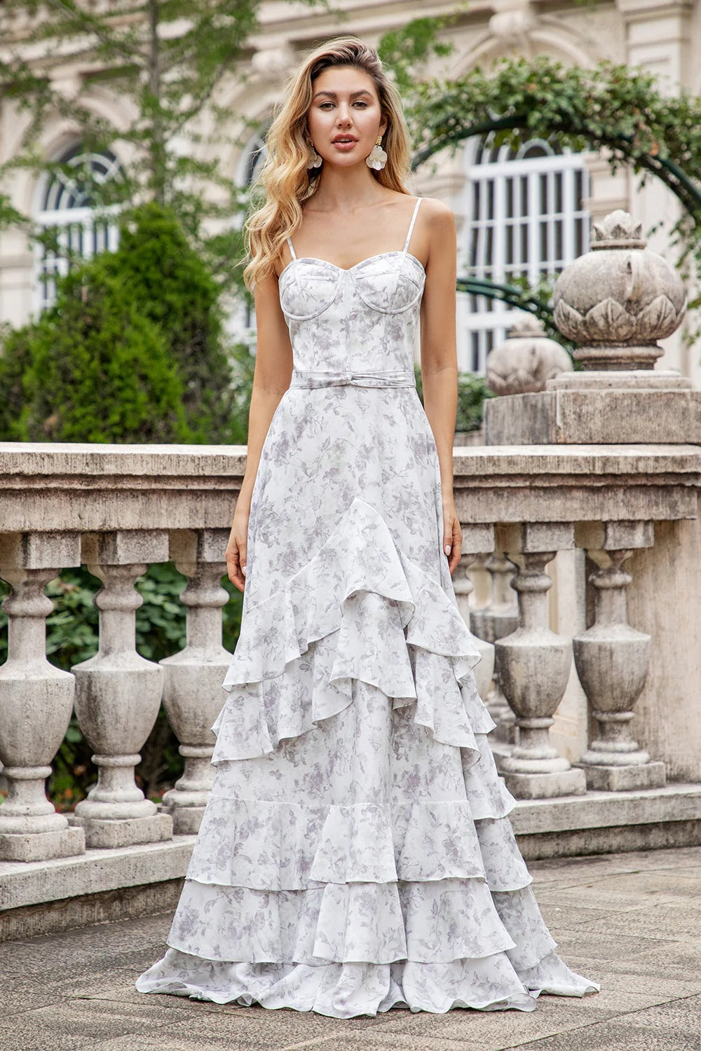 Light Gray Floral Tiered Ruffle Maxi Dress with Lace-Up Back