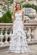White Chiffon A-Line Floor-Length Bridesmaid Dress with Sweetheart Neckline & Tiered Ruffles