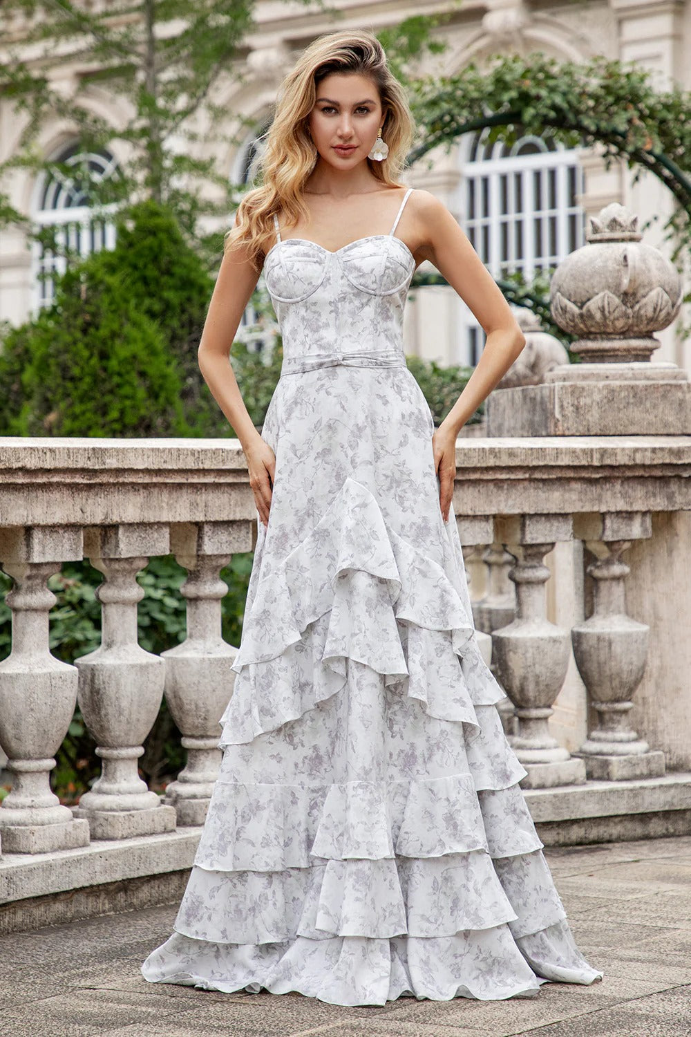 Light Gray Floral Tiered Ruffle Maxi Dress with Lace-Up Back