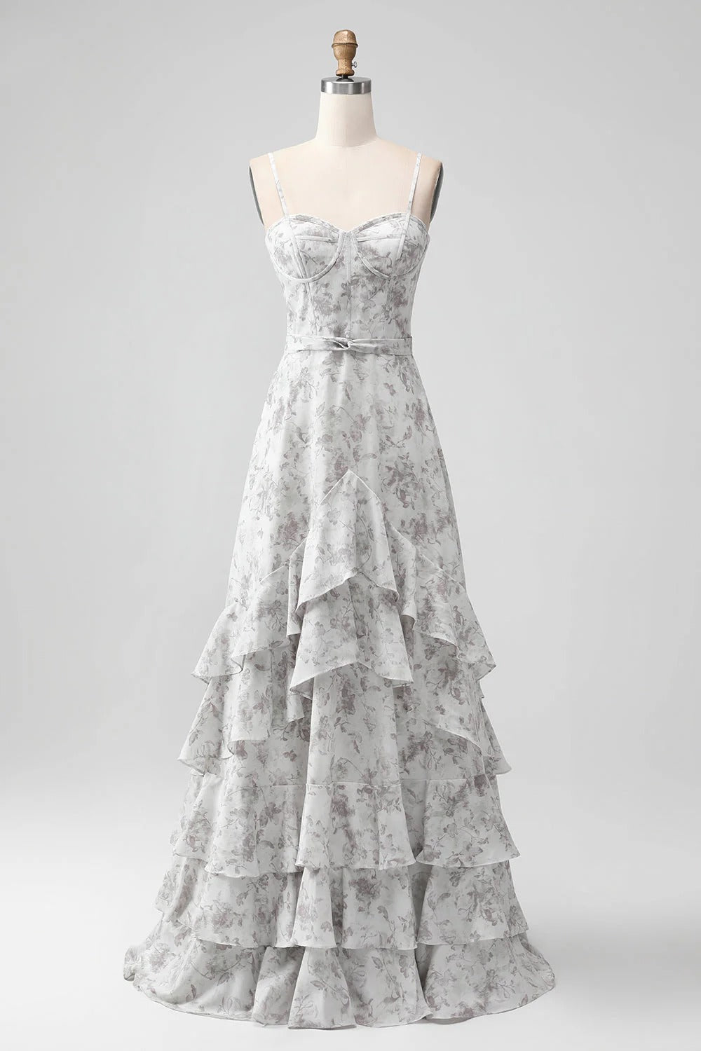 Light Gray Floral Tiered Ruffle Maxi Dress with Lace-Up Back