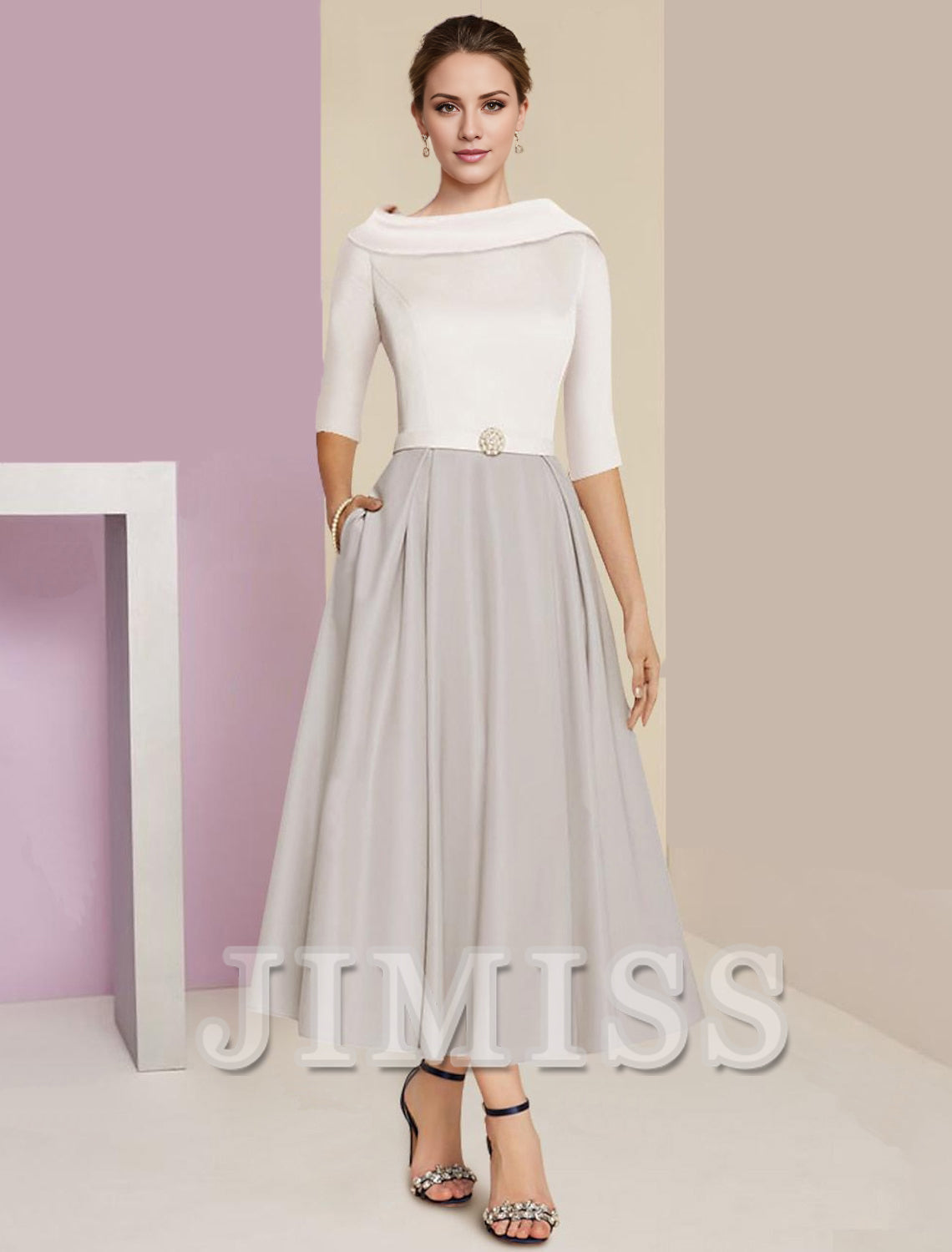 A-Line Mother of the Bride Dress Wedding Guest Elegant Vintage Jewelry Collar Tea Length Charmeuse Satin Half Sleeves with Ruffles Crystals