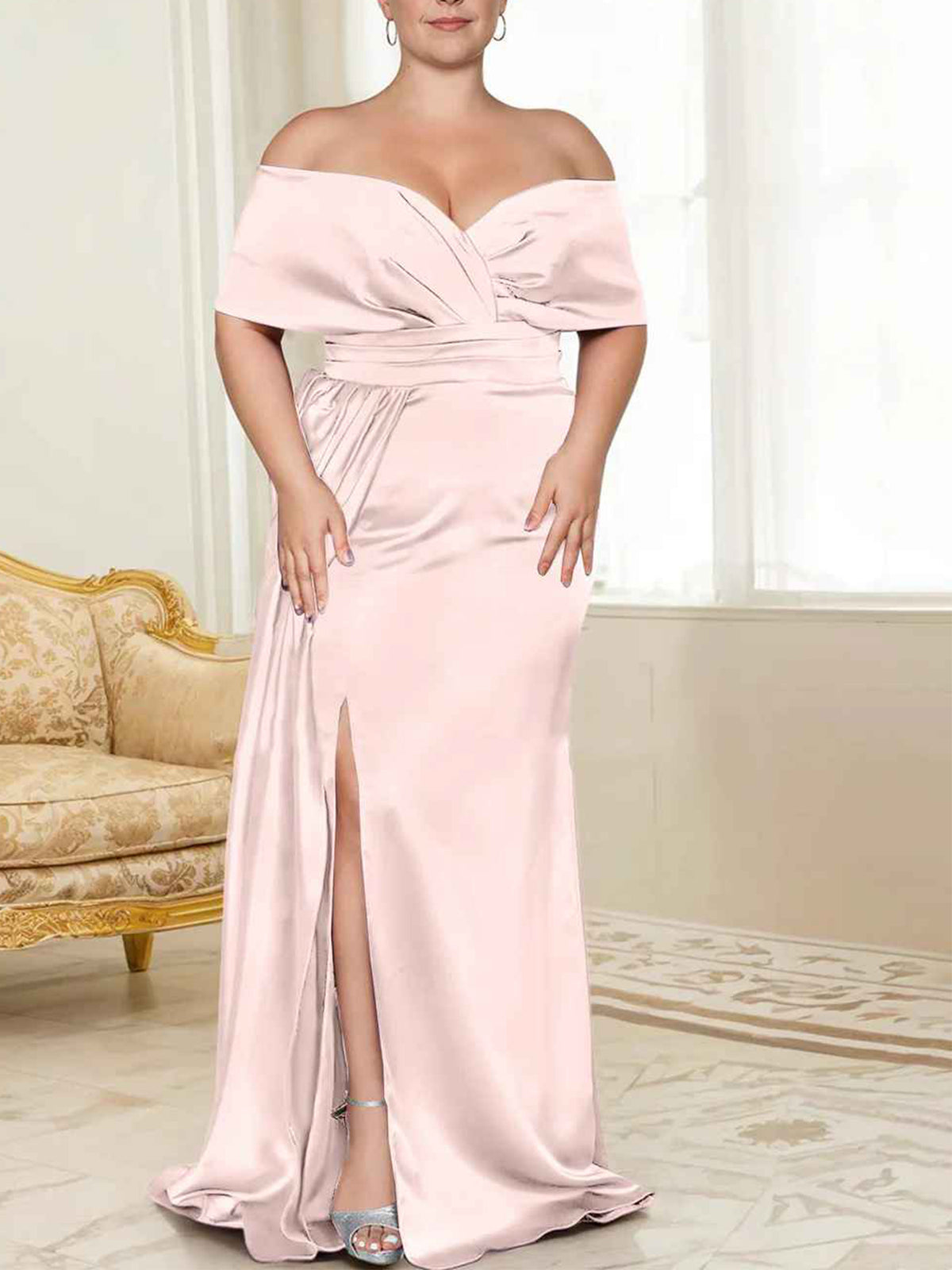 Draped Bodice Blushing Pink Satin Off-the-Shoulder Sheath/column Floor-Length Bridesmaid Dress