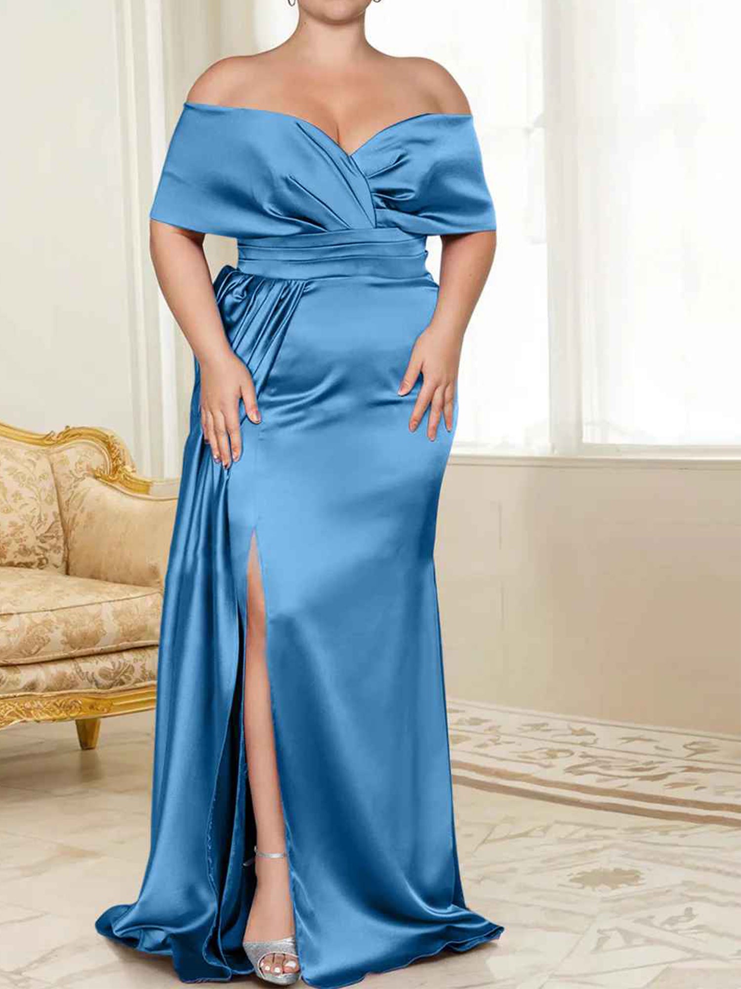 Sage Green Satin Off-the-Shoulder Bridesmaid Dress with Draped Bodice & High Slit