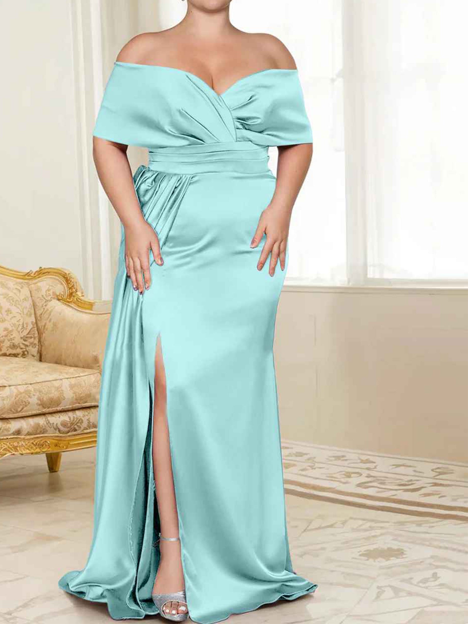 Sage Green Satin Off-the-Shoulder Bridesmaid Dress with Draped Bodice & High Slit