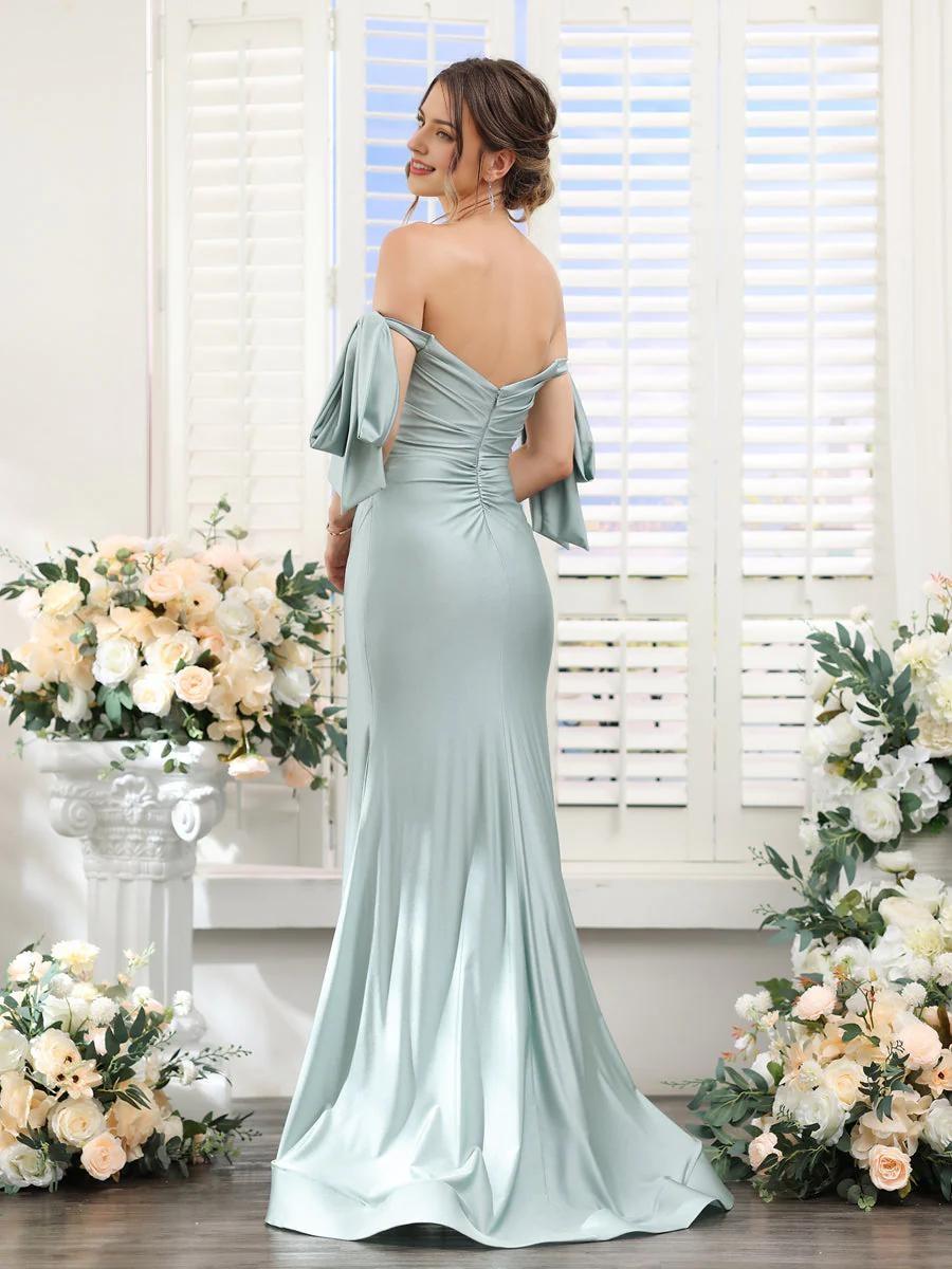 Forest Green Satin Off-the-Shoulder Sheath Bridesmaid Dress with High Slit