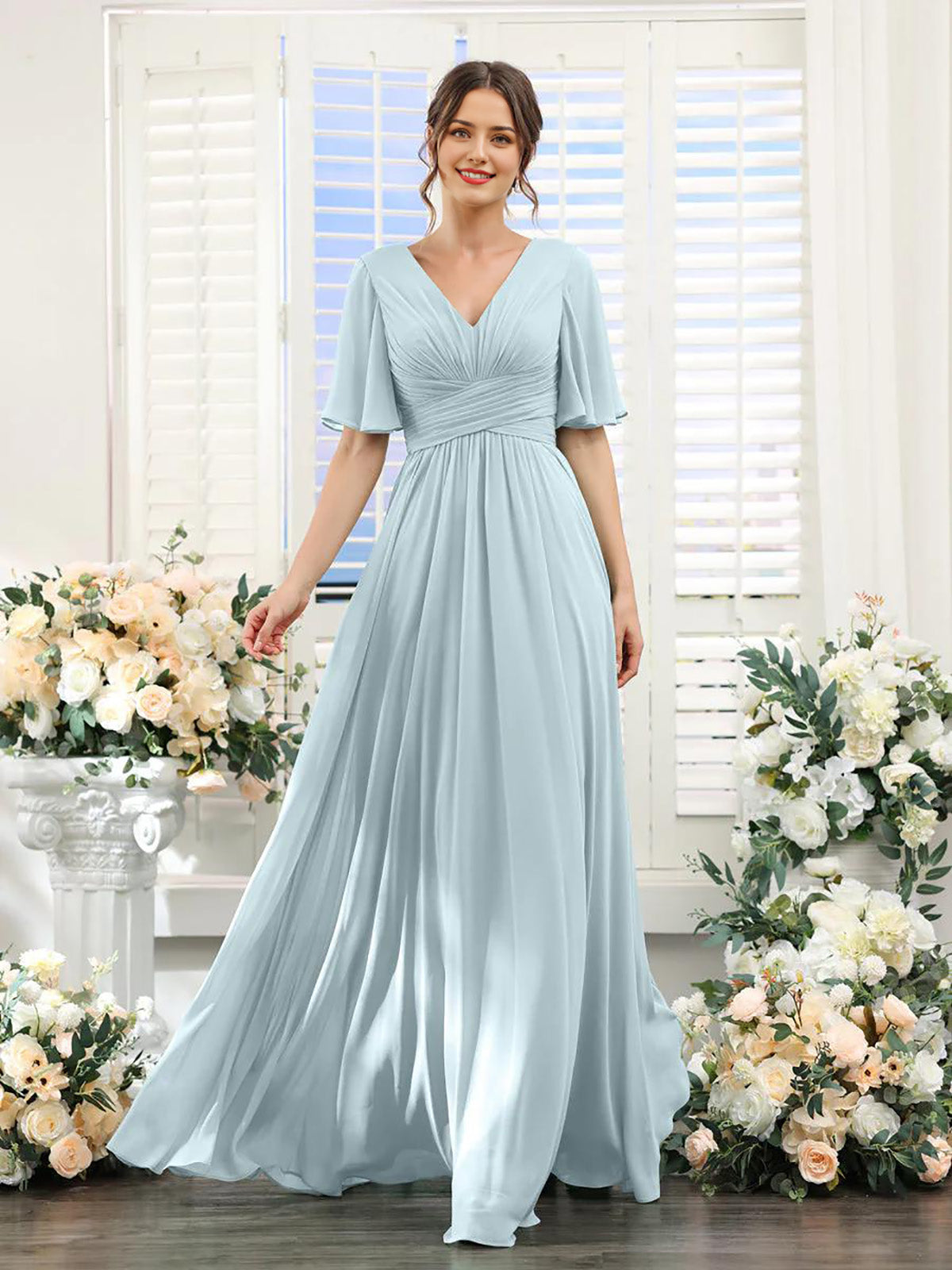 Mint Green Chiffon A-Line Floor-Length Bridesmaid Dress | V-Neck, Ruched Bodice & High Slit
