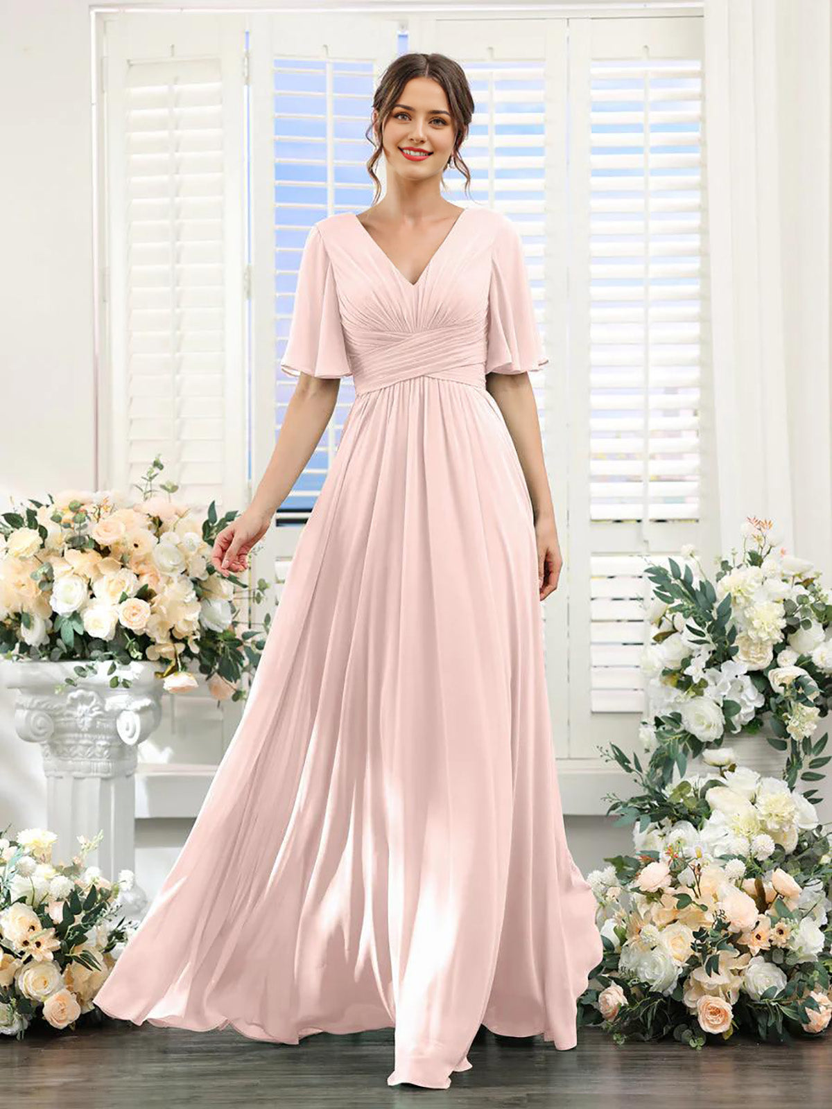 Dusty Sage Ruched Bodice Flutter Sleeves A-Line Floor-Length Bridesmaid Dress