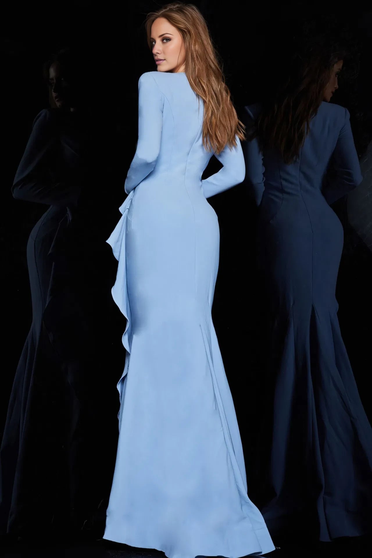 Light blue long sleeved crepe ruffle and floor length evening dress