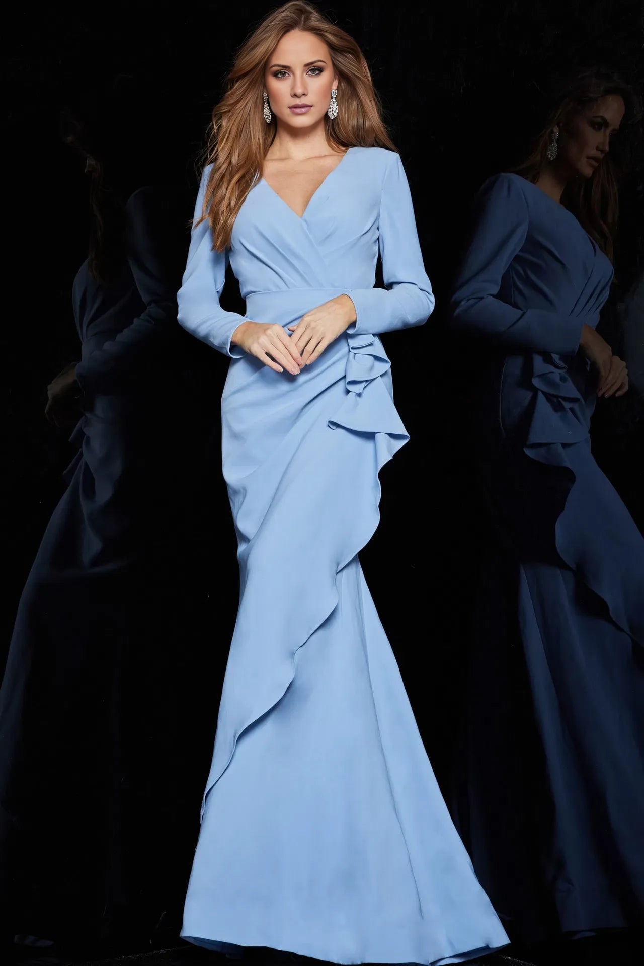 Light blue long sleeved crepe ruffle and floor length evening dress