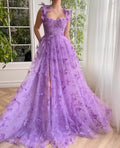 Lavender Tulle A-Line Sweetheart Floor-Length Evening Dress with Butterfly Appliques