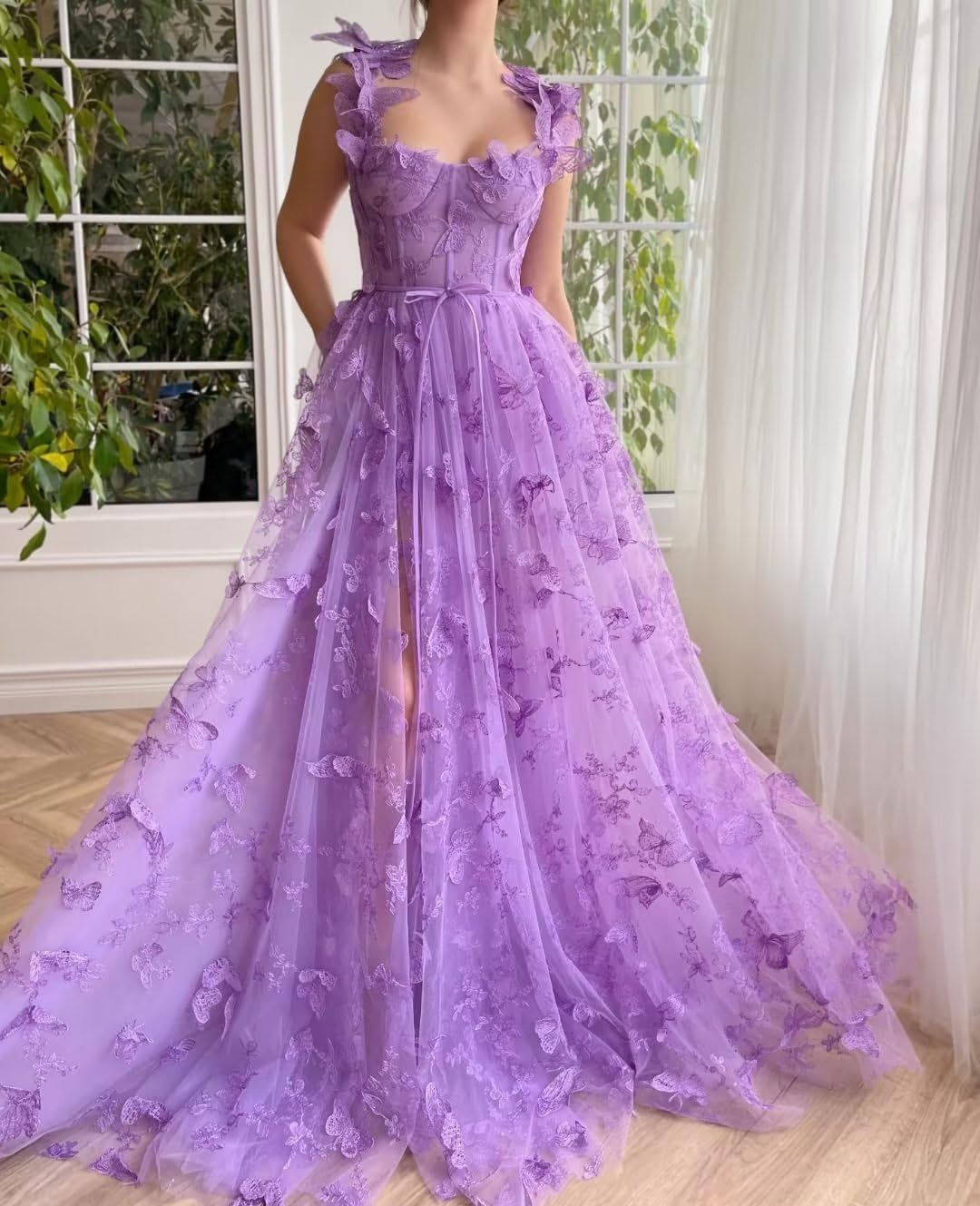 Lavender Tulle A-Line Sweetheart Floor-Length Evening Dress with Butterfly Appliques