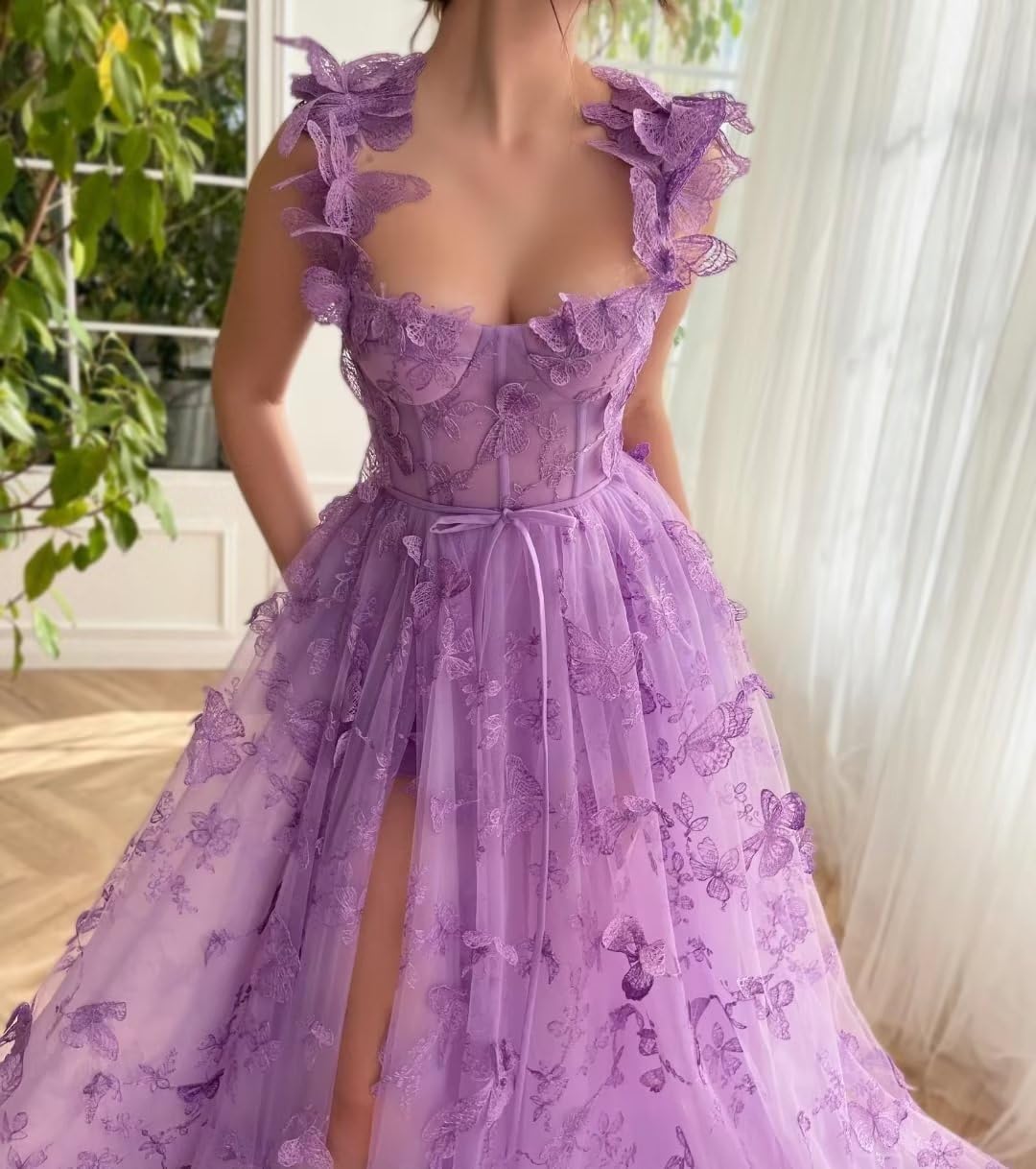Lavender Tulle A-Line Sweetheart Floor-Length Evening Dress with Butterfly Appliques