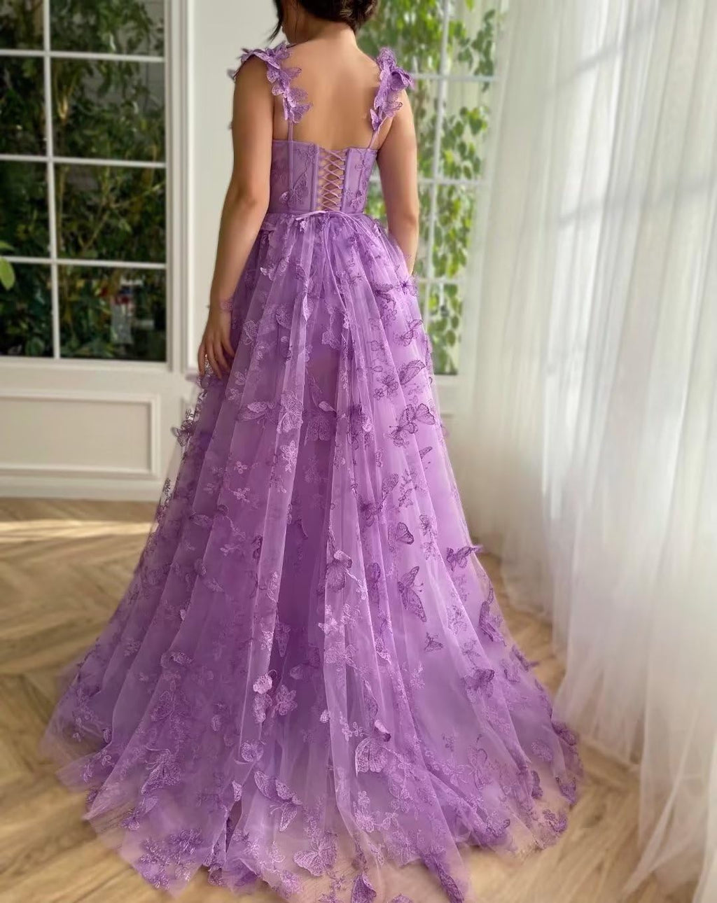 Lavender Tulle A-Line Sweetheart Floor-Length Evening Dress with Butterfly Appliques