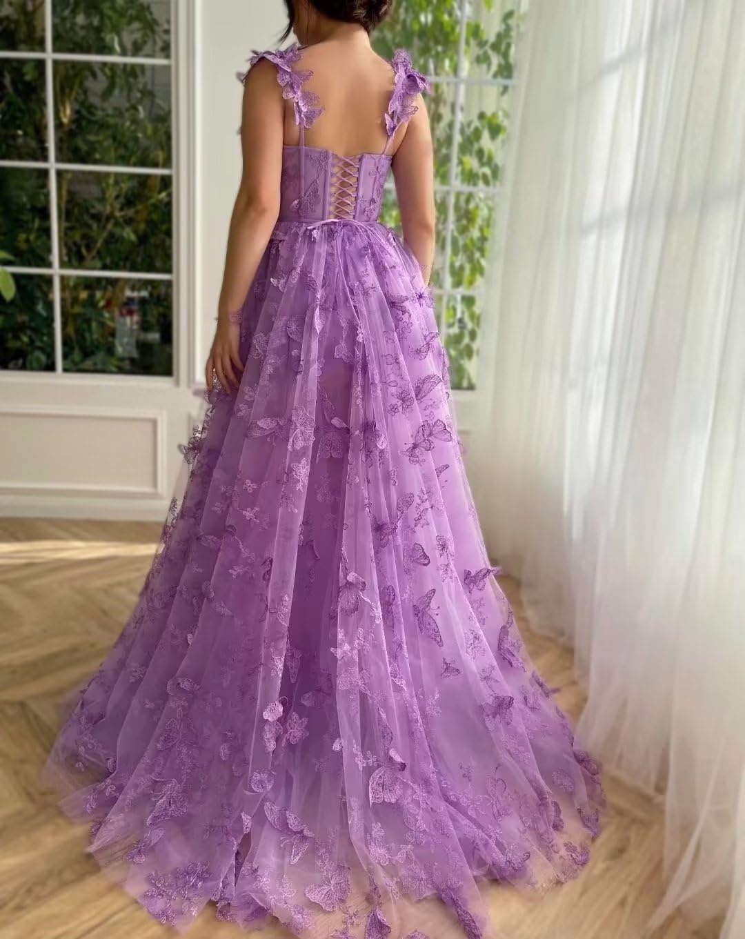 Lavender Tulle A-Line Sweetheart Floor-Length Evening Dress with Butterfly Appliques