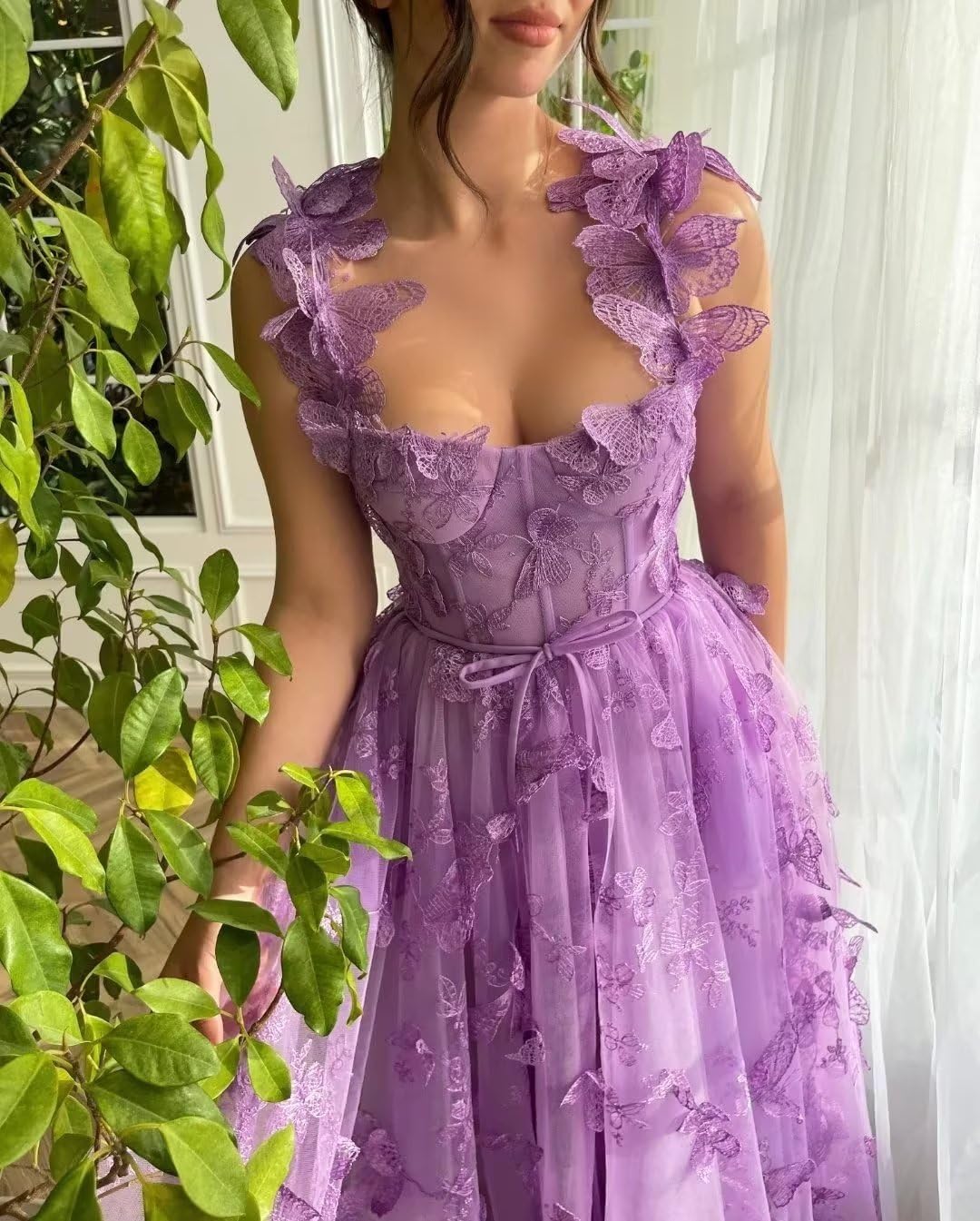 Lavender Tulle A-Line Sweetheart Floor-Length Evening Dress with Butterfly Appliques