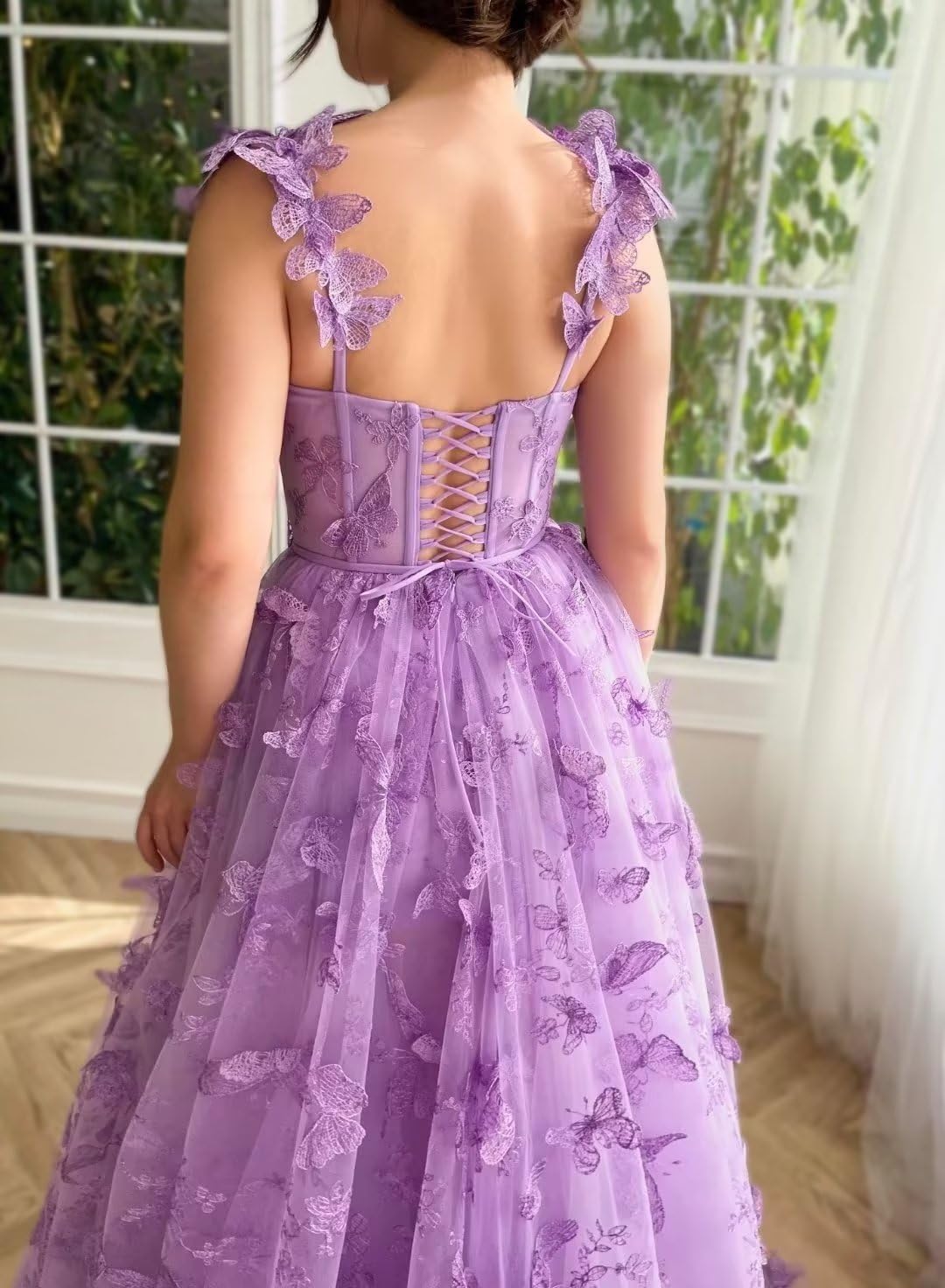 Lavender Tulle A-Line Sweetheart Floor-Length Evening Dress with Butterfly Appliques
