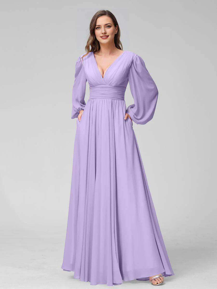 Blushing Pink Chiffon V-Neck A-Line Floor-Length Bridesmaid Dress with Bishop Sleeves