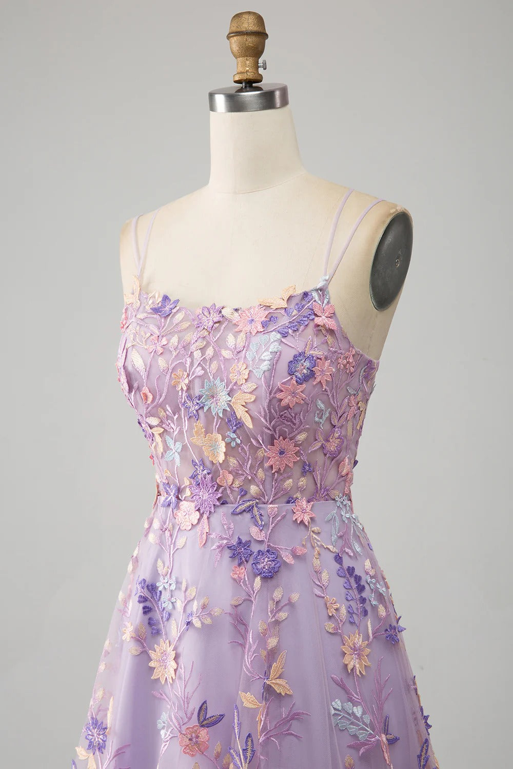 Lilac Floral Embroidered Tulle Gown – Spaghetti Strap Prom Dress with Lace-Up Back & High Slit