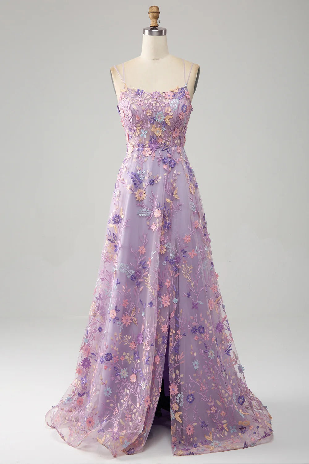 Lilac Floral Embroidered Tulle Gown – Spaghetti Strap Prom Dress with Lace-Up Back & High Slit