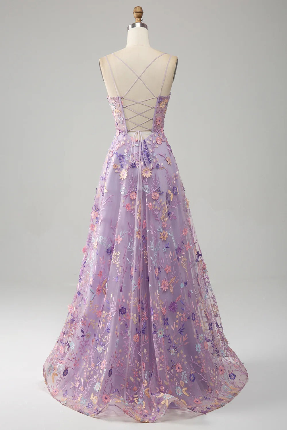 Lilac Floral Embroidered Tulle Gown – Spaghetti Strap Prom Dress with Lace-Up Back & High Slit