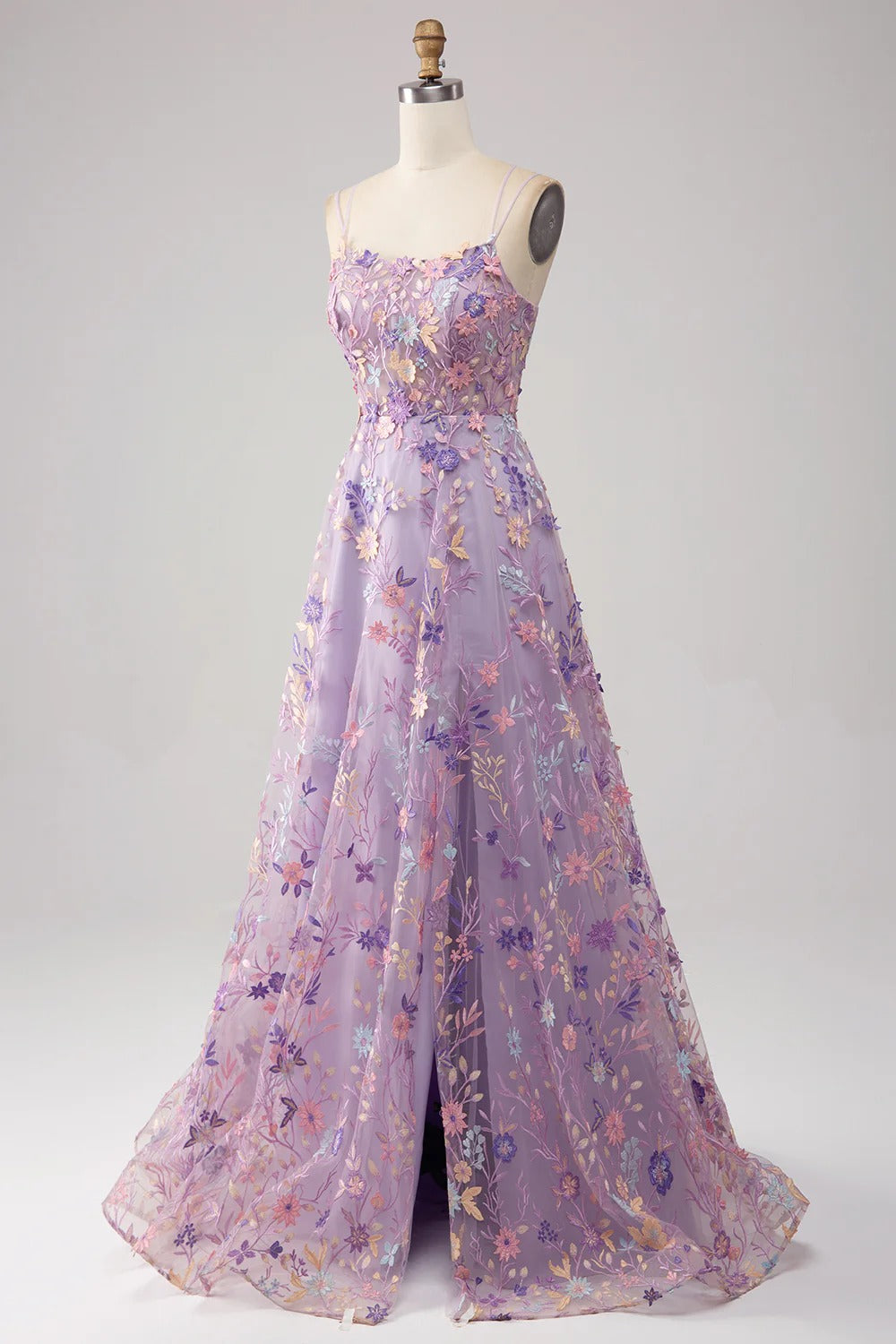 Lilac Floral Embroidered Tulle Gown – Spaghetti Strap Prom Dress with Lace-Up Back & High Slit