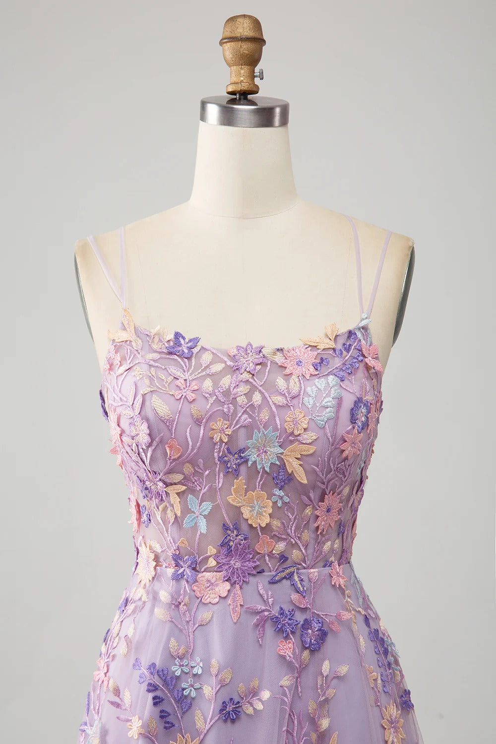Lilac Floral Embroidered Tulle Gown – Spaghetti Strap Prom Dress with Lace-Up Back & High Slit