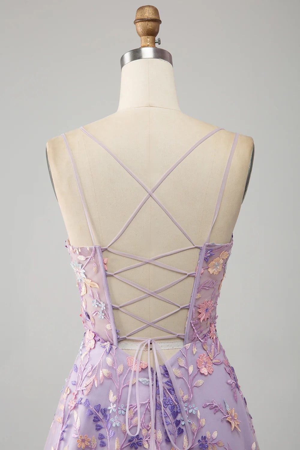 Lilac Floral Embroidered Tulle Gown – Spaghetti Strap Prom Dress with Lace-Up Back & High Slit