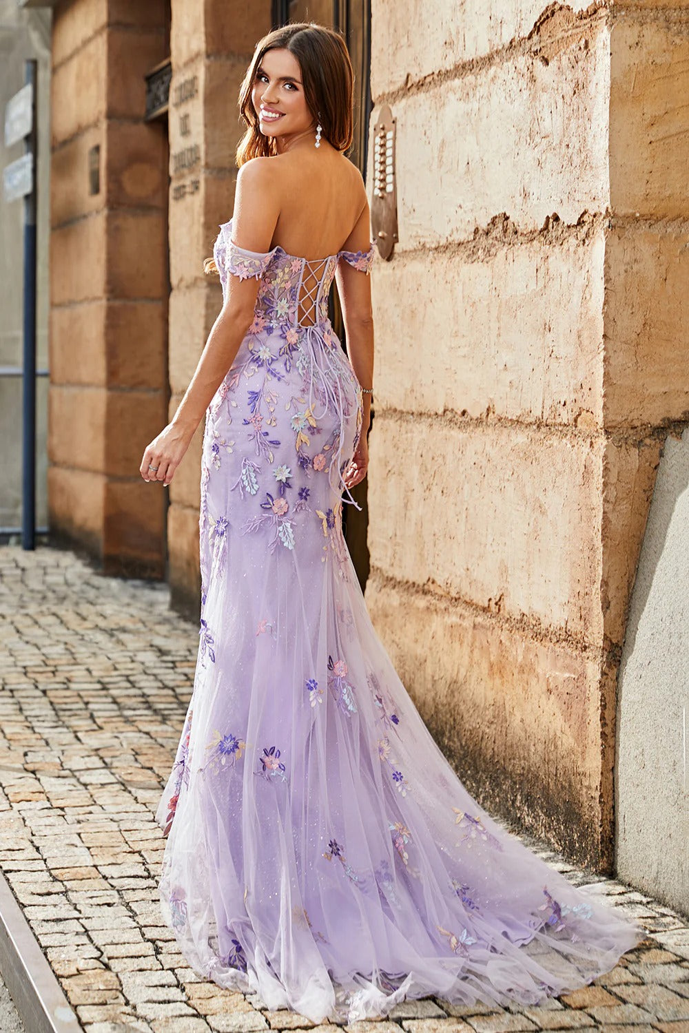 Lilac Floral Mermaid Gown – Off-the-Shoulder Prom Dress with Lace-Up Back & High Slit