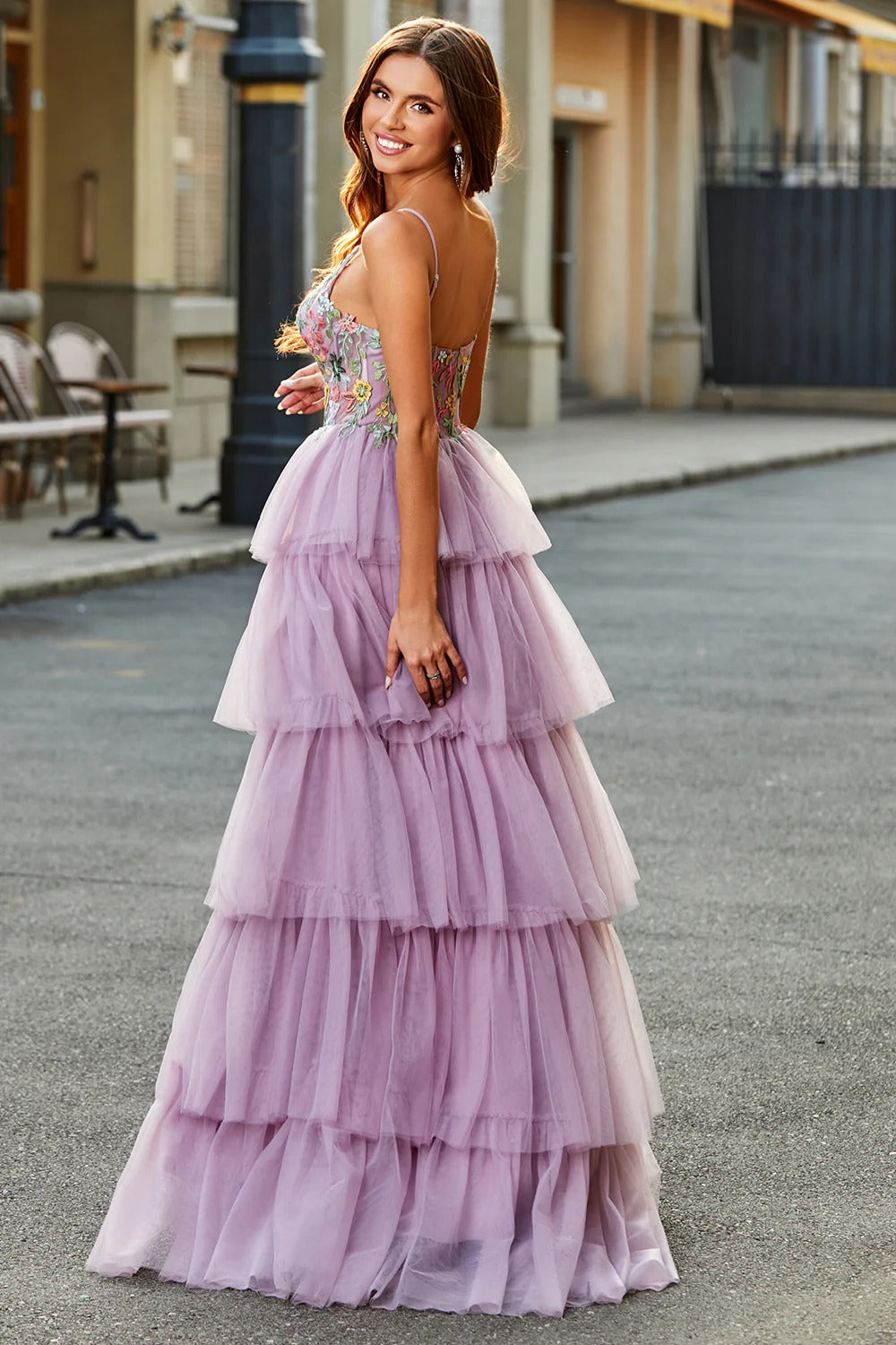 Lilac Floral Tiered Tulle Gown – Spaghetti Strap Prom Dress with High Slit & Ruffle Skirt