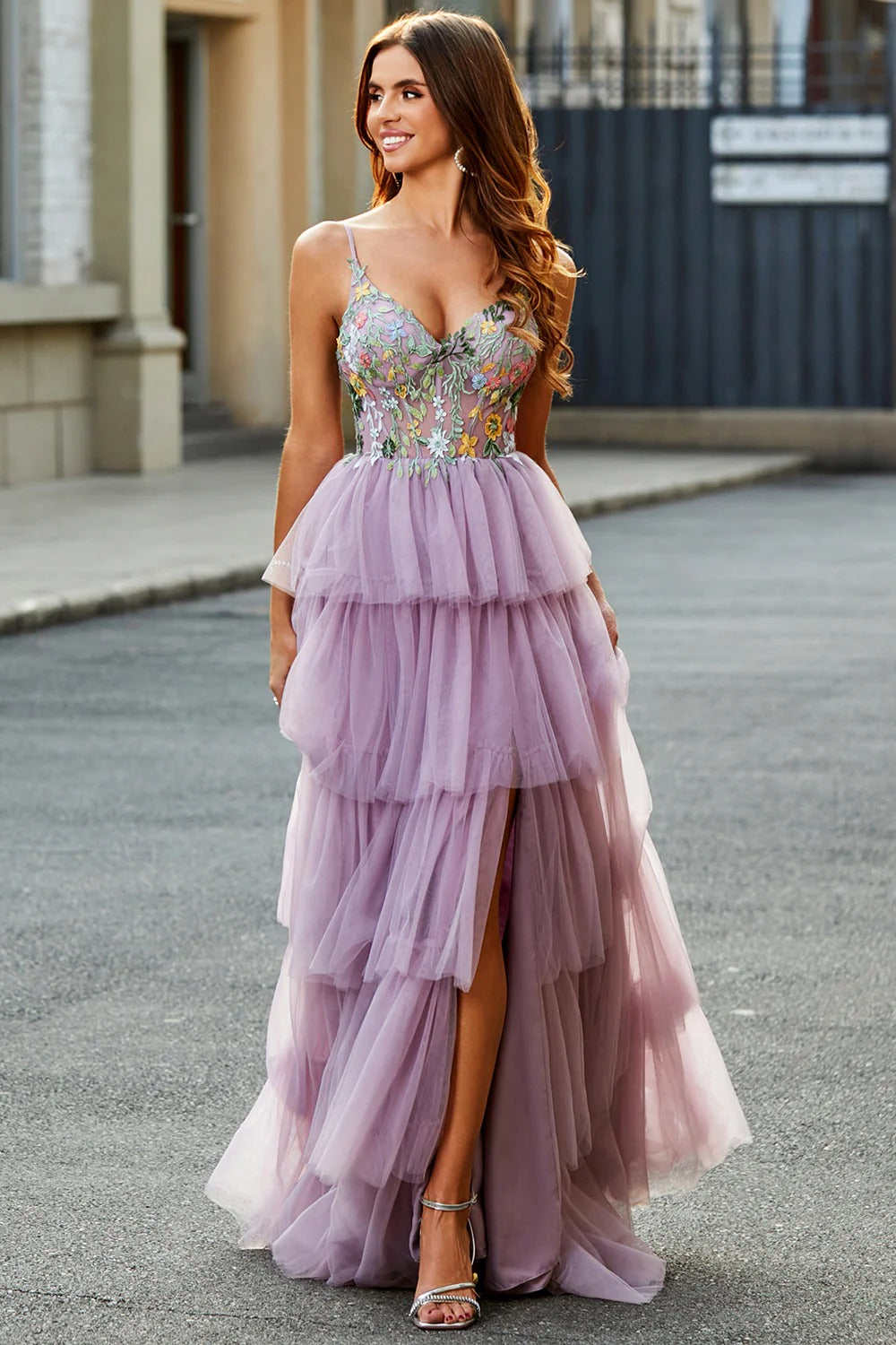 Lilac Floral Tiered Tulle Gown – Spaghetti Strap Prom Dress with High Slit & Ruffle Skirt