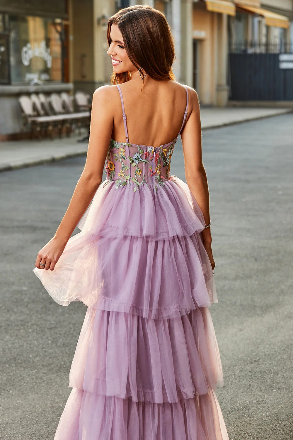 Lilac Floral Tiered Tulle Gown – Spaghetti Strap Prom Dress with High Slit & Ruffle Skirt