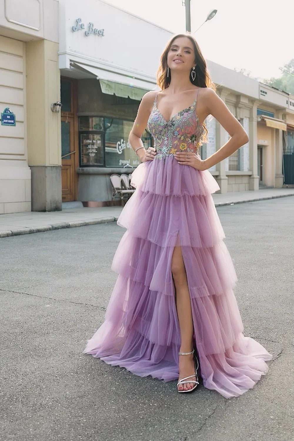 Lilac Floral Tiered Tulle Gown – Spaghetti Strap Prom Dress with High Slit & Ruffle Skirt