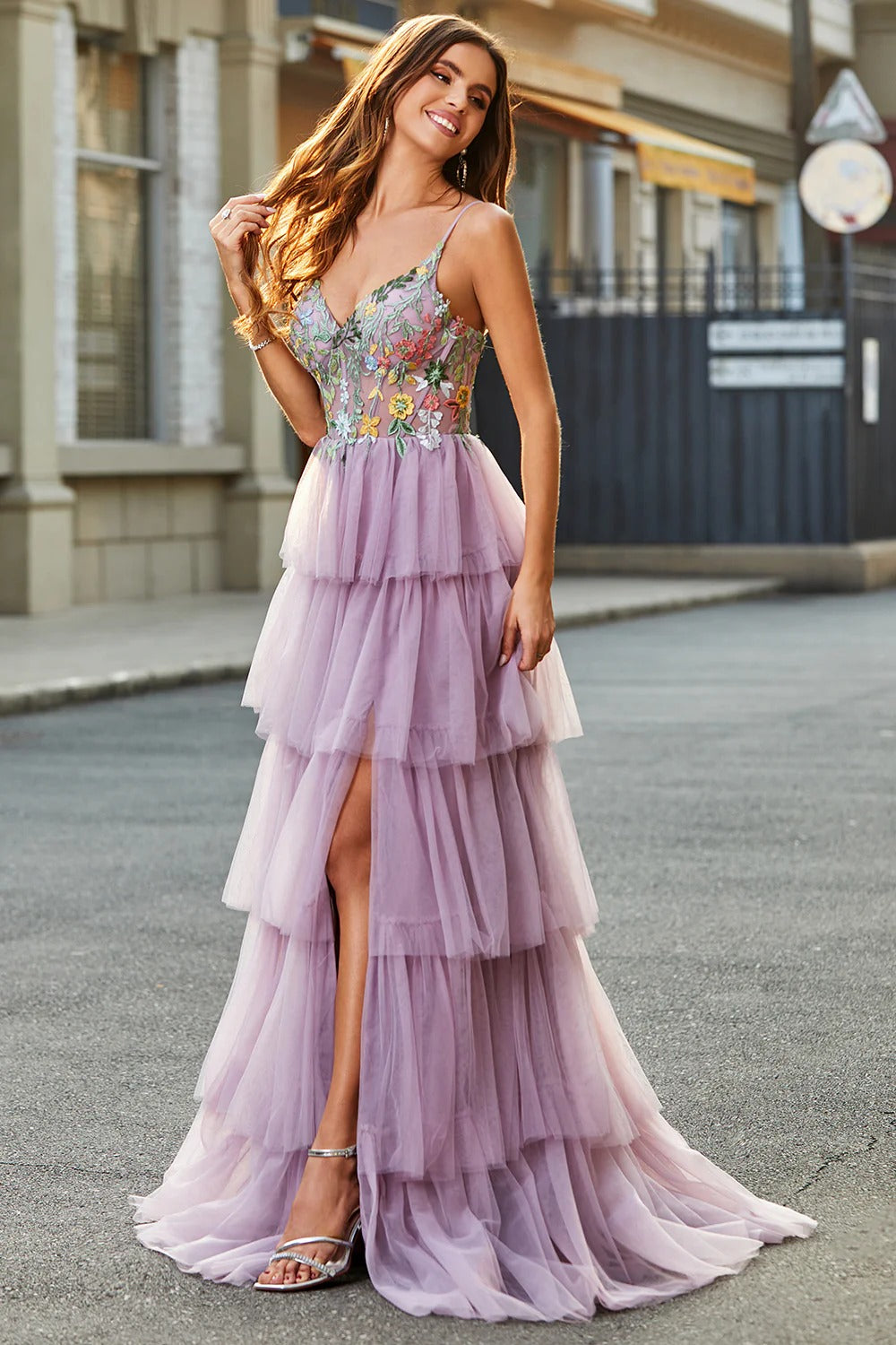 Lilac Floral Tiered Tulle Gown – Spaghetti Strap Prom Dress with High Slit & Ruffle Skirt
