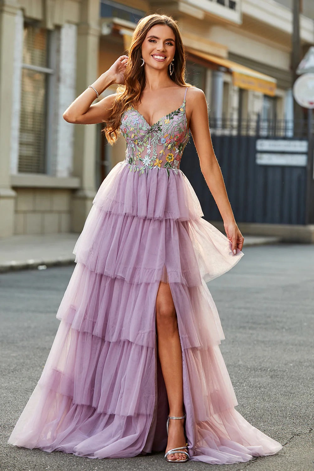 Lilac Floral Tiered Tulle Gown – Spaghetti Strap Prom Dress with High Slit & Ruffle Skirt