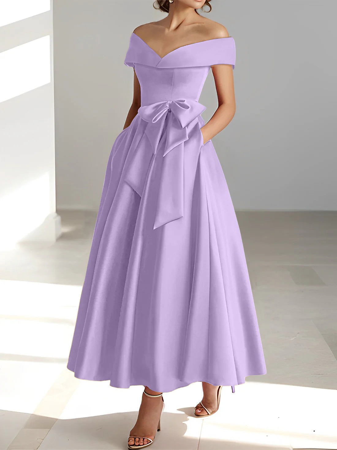 Vestidos de madre de la novia con bolsillos y hombros descubiertos, corte A/Princesa