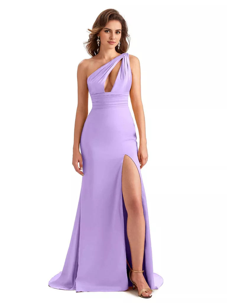 Vestido de dama de honor largo, único, sin mangas, de satén sedoso, con abertura lateral y sirena, sexy, de un solo hombro