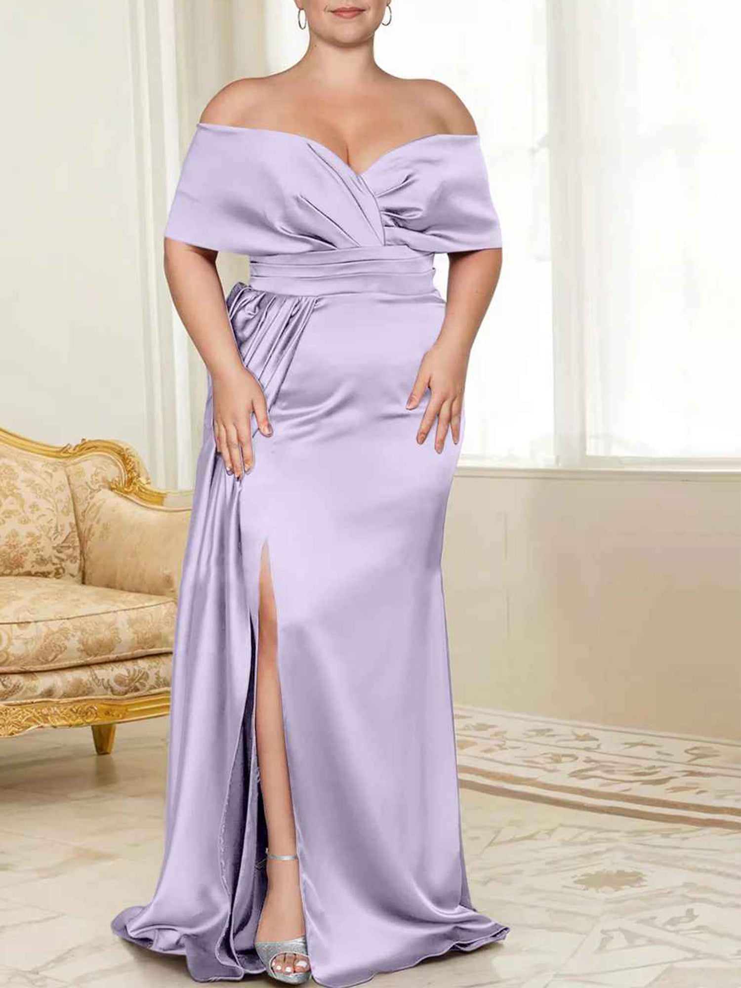 Sage Green Satin Off-the-Shoulder Bridesmaid Dress with Draped Bodice & High Slit