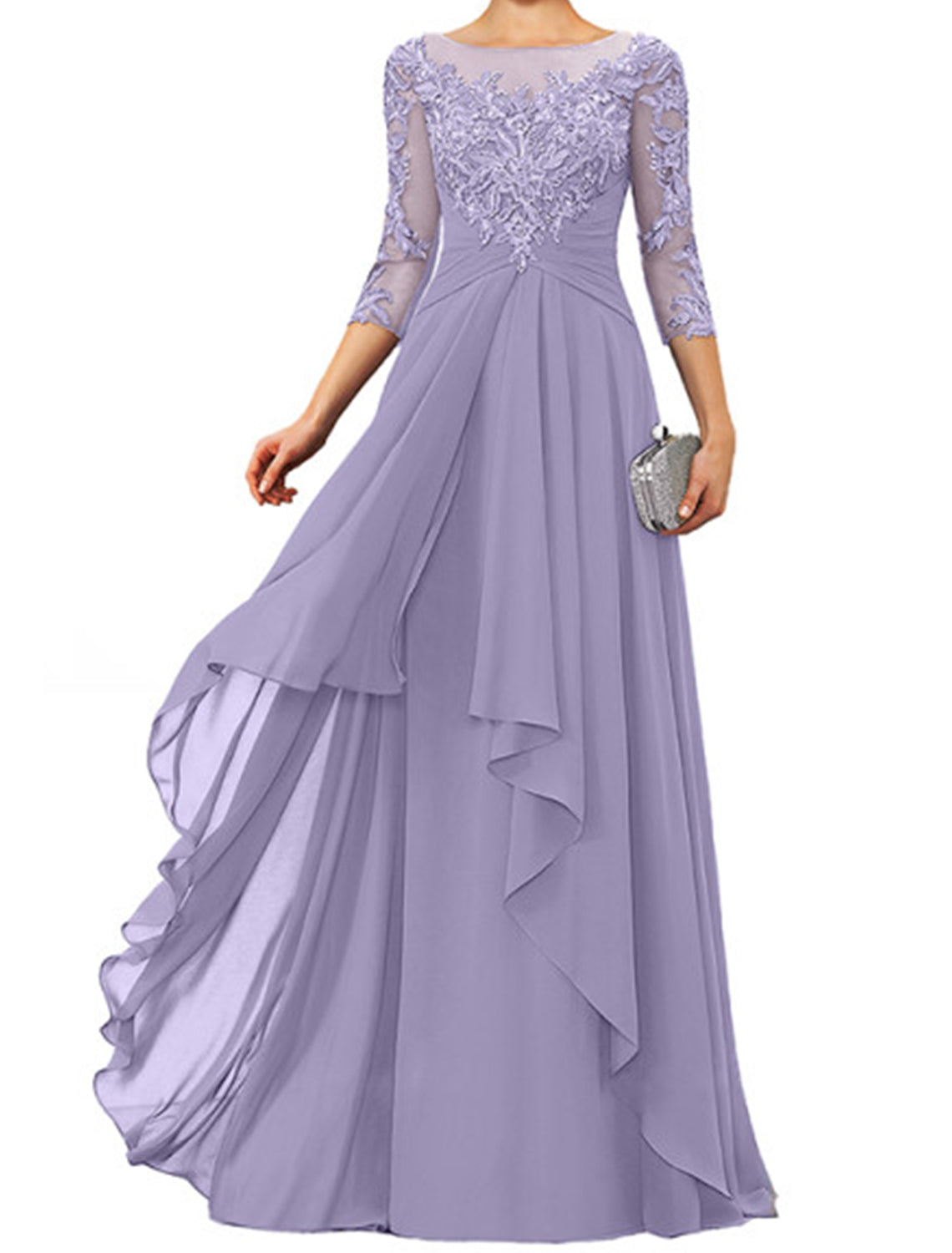 Dark Navy Chiffon A-Line Floor-Length Evening Dress - Illusion Neck Lace Appliques