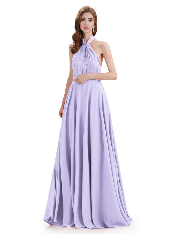 Simple A-Line High Neck Halter Sleeveless Pleats Chiffon Floor Length Bridesmaid Dresses