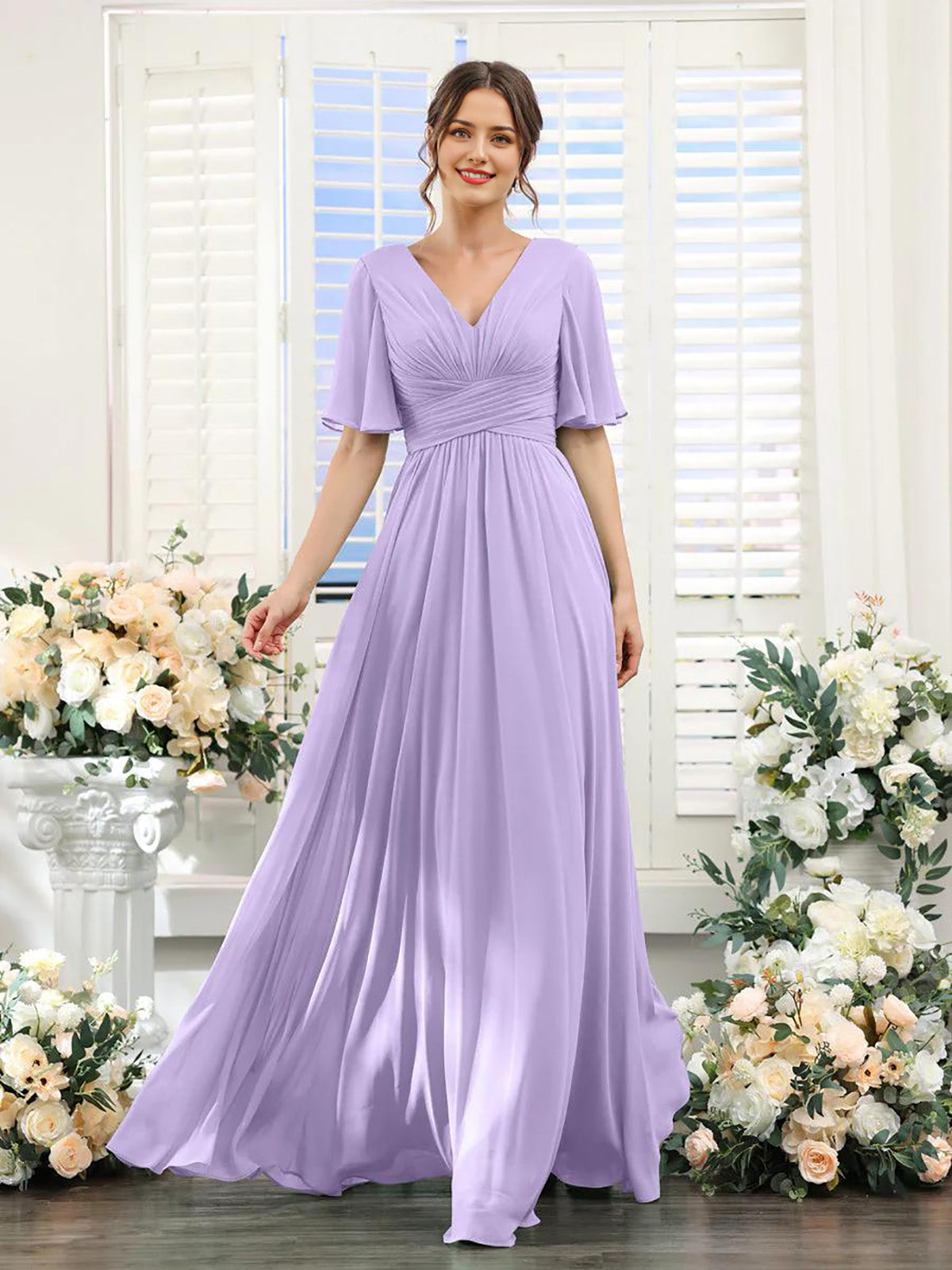 Lavender Chiffon A-Line Floor-Length Dress with Ruched Bodice and Flutter Sleeves