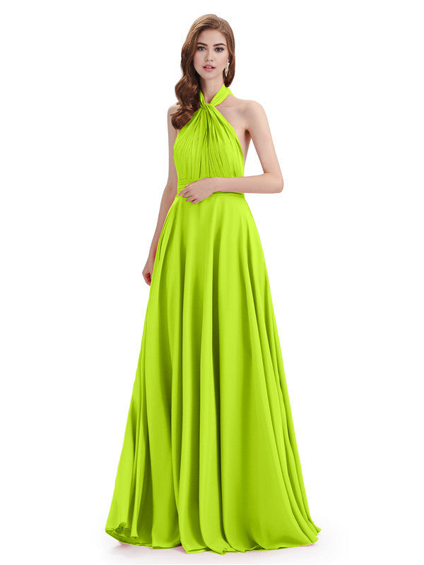 Simple A-Line High Neck Halter Sleeveless Pleats Chiffon Floor Length Bridesmaid Dresses