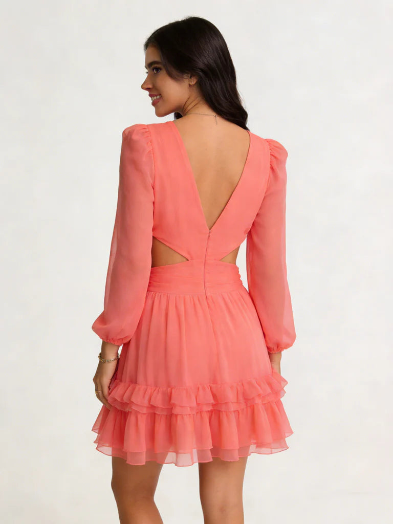 Long Puff Sleeve Chiffon Mini Homecoming Dress Deep V Wrap Front Side Cutout Back V Tiered Ruffle Skirt