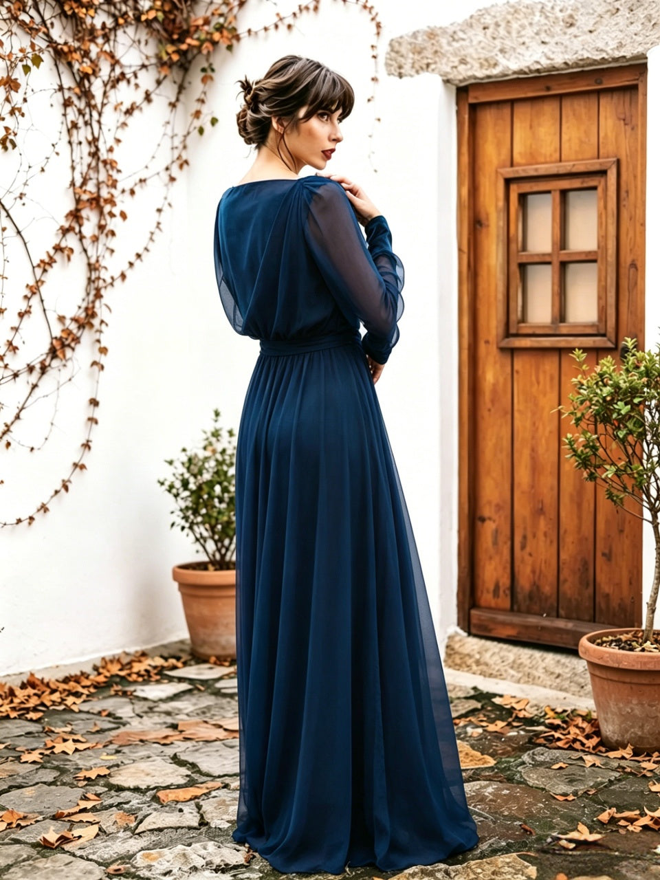 Long Sleeve Deep V High Slit Wrap Waist Chiffon Floor Length Evening Dresses