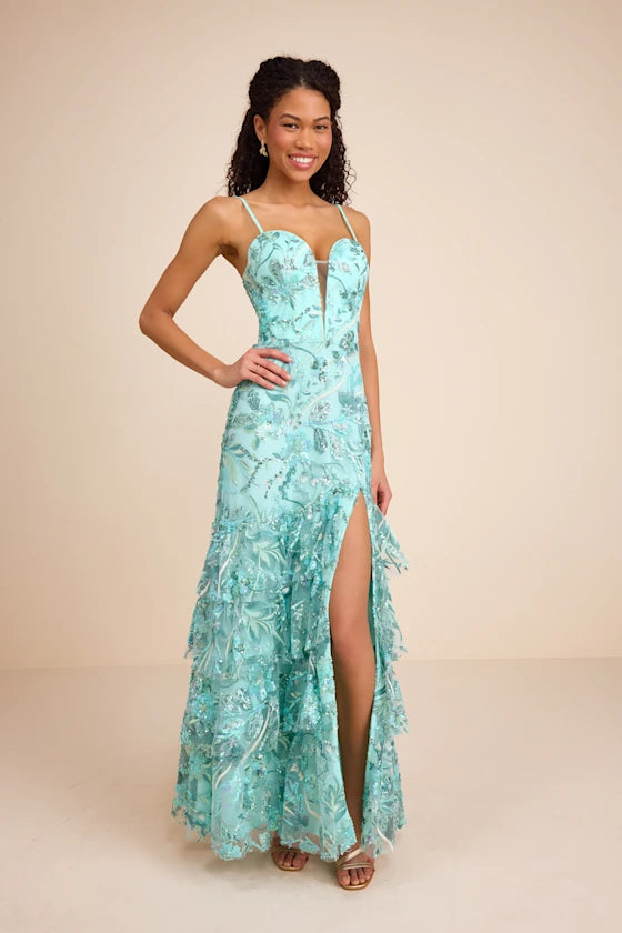 Luminous Mint Floral Sequin Mermaid Spaghetti Strap Sweetheart Neck Floor-Length Prom Dresses