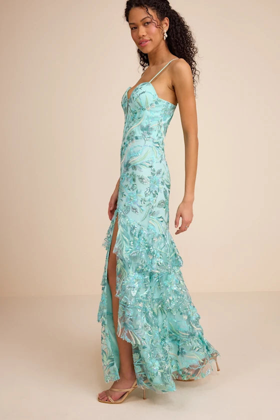 Luminous Mint Floral Sequin Mermaid Spaghetti Strap Sweetheart Neck Floor-Length Prom Dresses