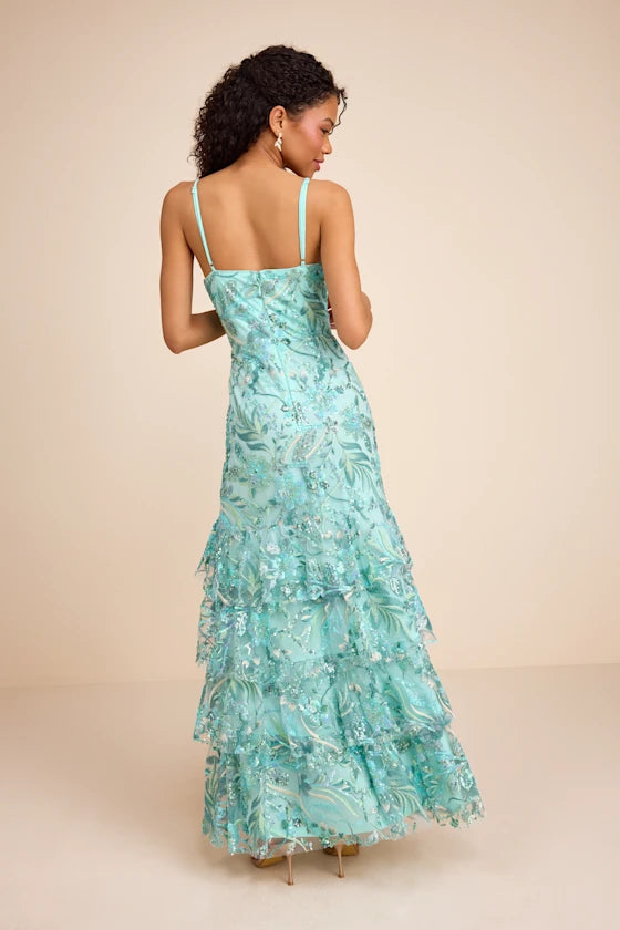 Luminous Mint Floral Sequin Mermaid Spaghetti Strap Sweetheart Neck Floor-Length Prom Dresses