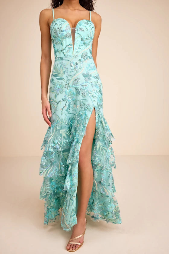 Luminous Mint Floral Sequin Mermaid Spaghetti Strap Sweetheart Neck Floor-Length Prom Dresses